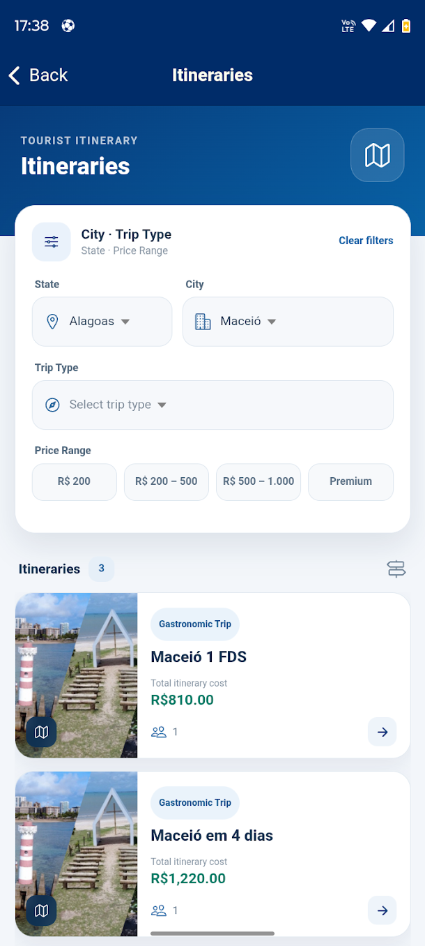 Tela do Viva Nordeste com lista e filtros de roteiros